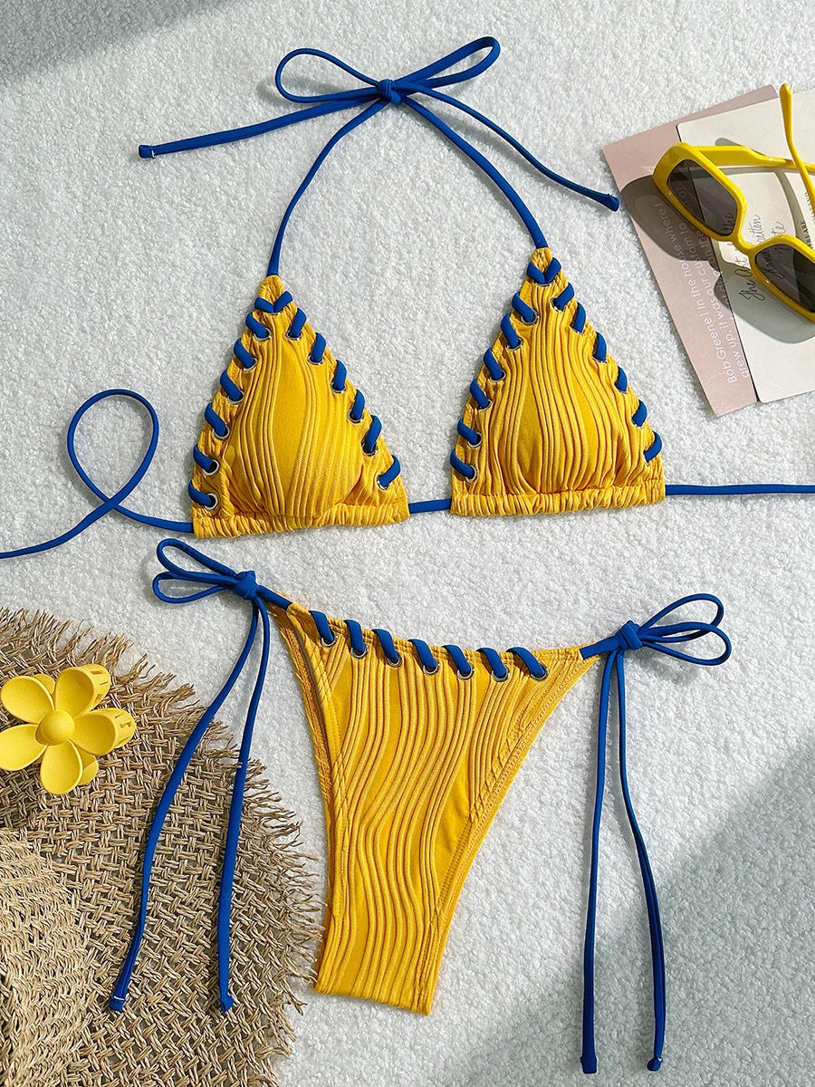 Wrinkled Weave Edge Two Piece Halter Bikini
