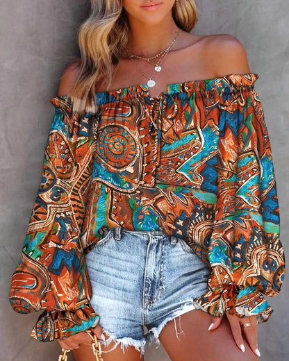 Off Shoulders Sleeveless Abstract Printed Women Blouse