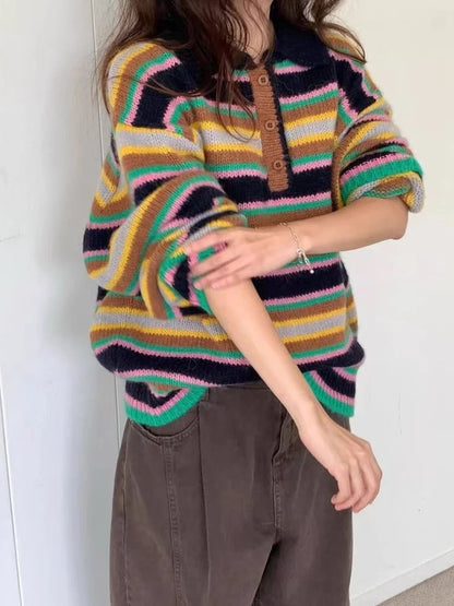 Vintage Cool Design Contrast Stripe Lace Up V Neck Sweater