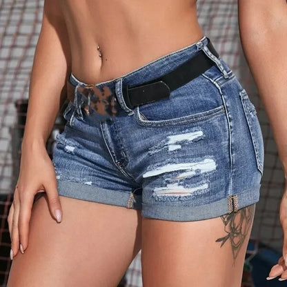 Womens Mid Rise Distressed Denim Shorts Summer Beach Fashion Curled Cuff Perforated Design Elastic Slim Fit Casual Shorts