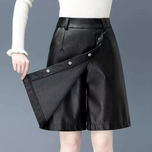 Elegant Pu Leather Office Wear Women Shorts