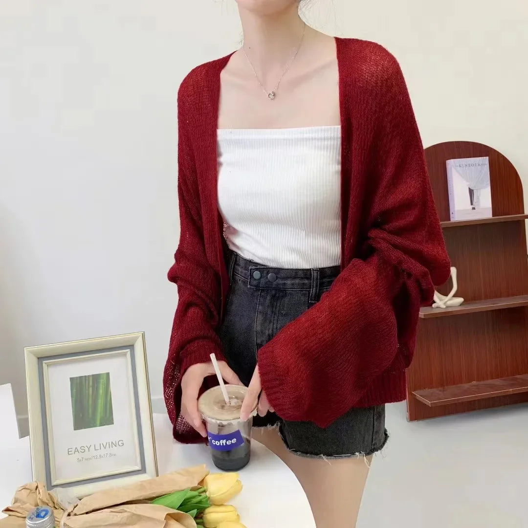 Korean Cropped Knit Cardigan – Hollow Summer Sweater for Women