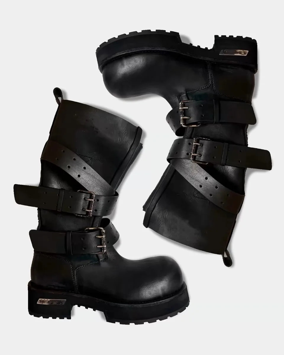 Womens Knee High Buckle Strap Boots Retro Pu Leather Rivet Thick Heel Motorcycle Boots