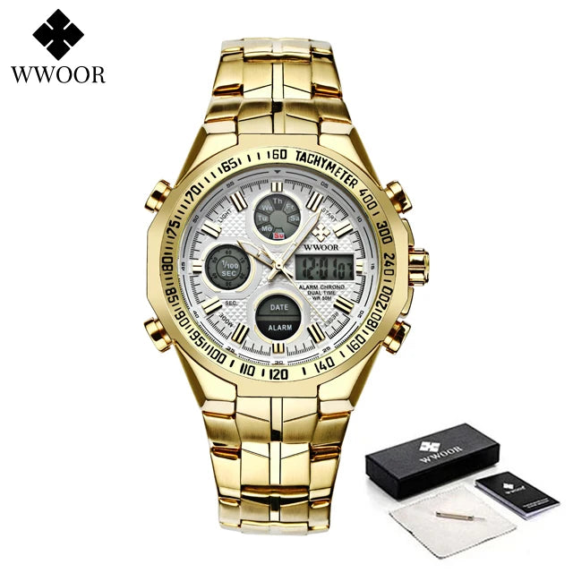 Mens Dual Rich Display Stainless Steel Golden Class Watches