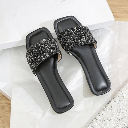 Shiny Rhinestone Design Elegant Flat Slippers For Women