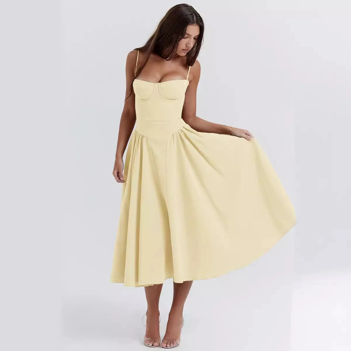 Old Money Aesthetic - Elegant Neutral Corset Midi Dress
