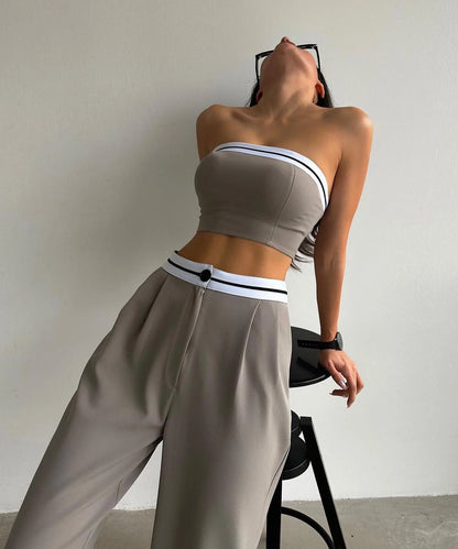 Strapless Top Wide Leg Pant Two Pieces Sexy Tracksuit Style Jumpsuits