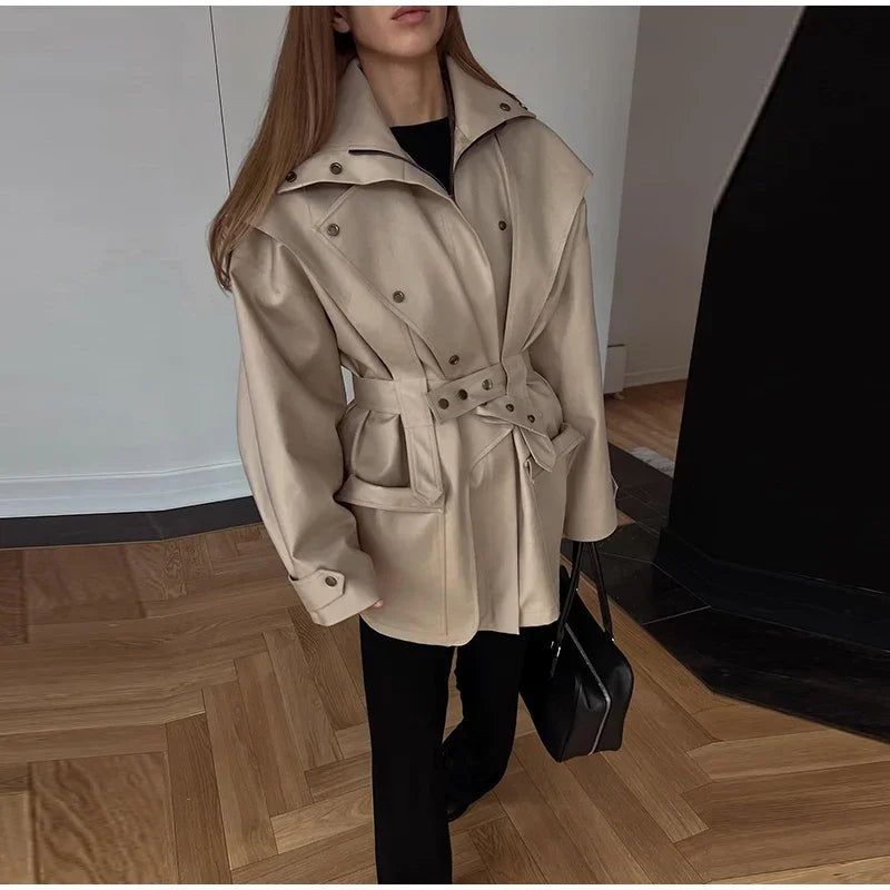 Cotton Khaki Long Turn Down Collar Belted Women Trench Coat