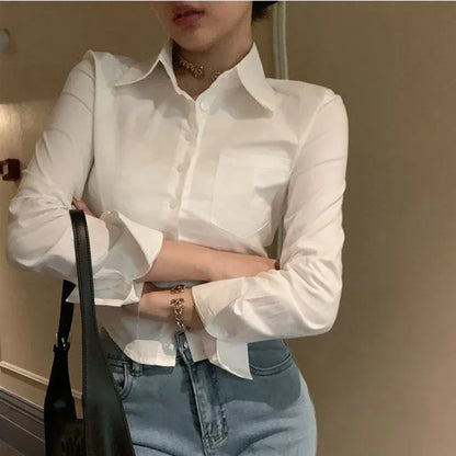 2024 Spring Office Lady White Shirt Korean Style Slim Button Up Work Blouse For Women
