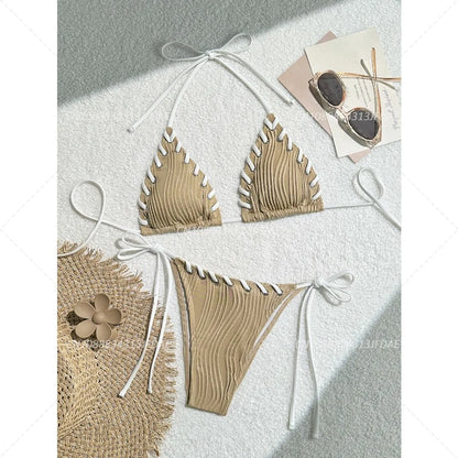 Minimalist Cream Lace-Up Plisse Bikini Aesthetic