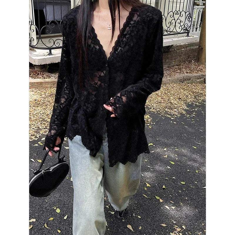 Vintage White Lace Blouse Korean Buttoned Elegance For Women