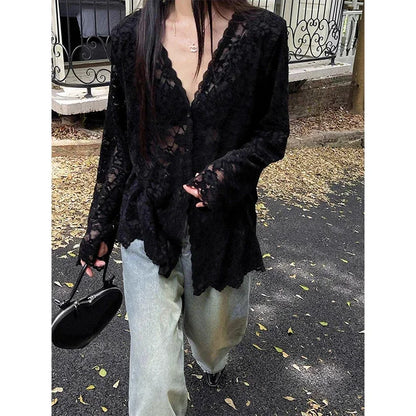 Vintage White Lace Blouse Korean Buttoned Elegance For Women