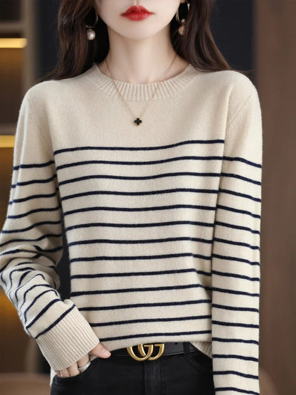 Loose Style Bold Striped O Neck Women Sweaters