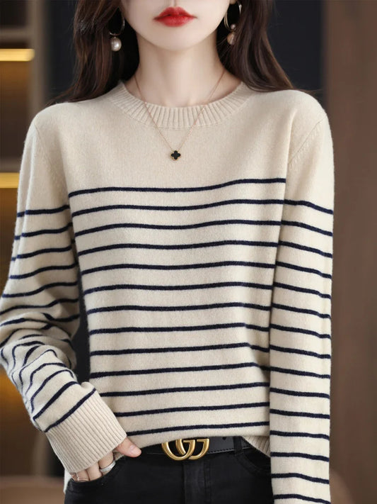 Loose Style Bold Striped O Neck Women Sweaters