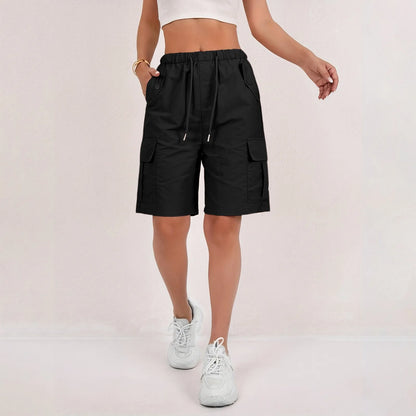 Elastic Waist Flap Pocket Cargo Shorts For Women
