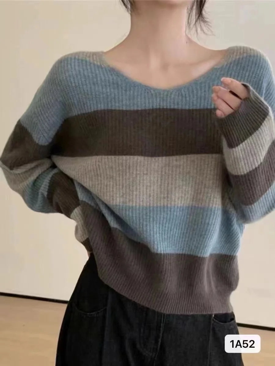 Chic Striped Knit Pullover Oversized Casual Streetwear For Autumn Winter