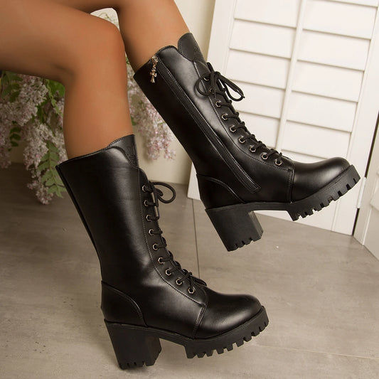 Women’s Mid-Calf Riding Boots 2025 – Waterproof PU Leather Chunky Heel Platform Winter Boots