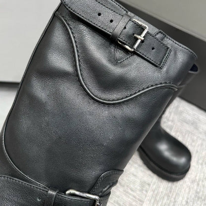 Womens Knee High Buckle Strap Boots Retro Pu Leather Rivet Thick Heel Motorcycle Boots