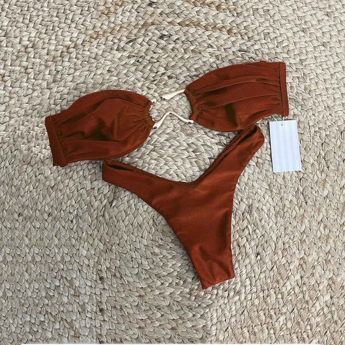 Basic Style Push Up Ribbed Women Strapless Bikini