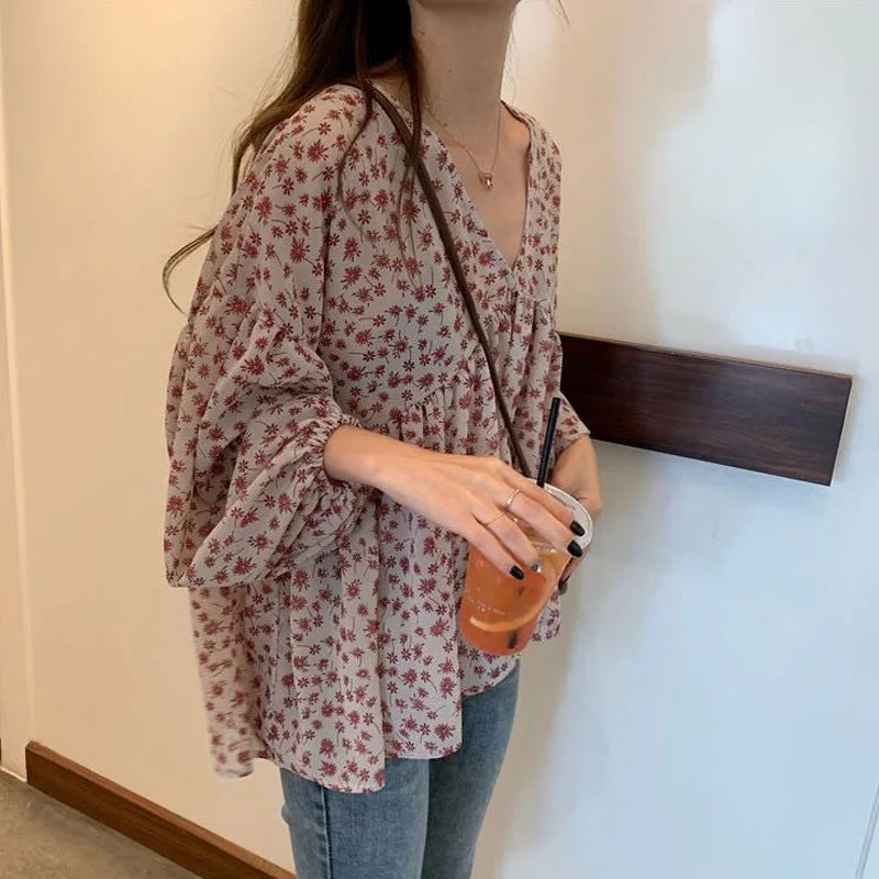 Spring Summer Chiffon V Neck Top For Women Lantern Long Sleeve Loose Pleated Blouse Korean Style Fashion