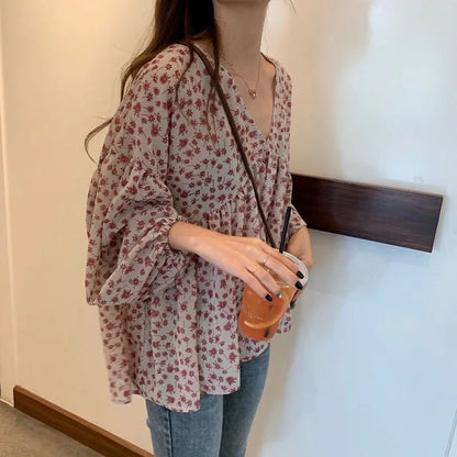 Spring Summer Chiffon V Neck Top For Women Lantern Long Sleeve Loose Pleated Blouse Korean Style Fashion