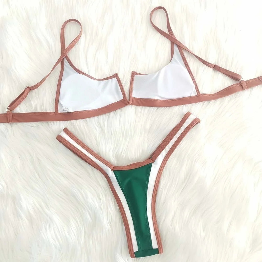 Vintage Style Split Cover Up Green Bikini Set
