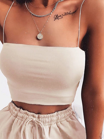 Womens Solid Halter Crop Top Sleeveless Camisole Spaghetti Strap Cami Tank Tops Tube Top Basic Bodycon Tee Sexy Fashion