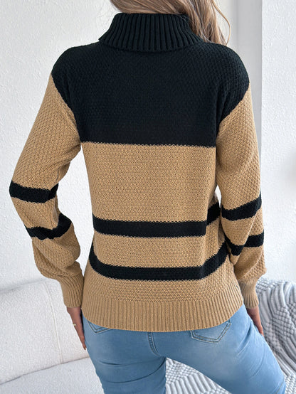 Women Contrast Stripes Turtleneck Sweater