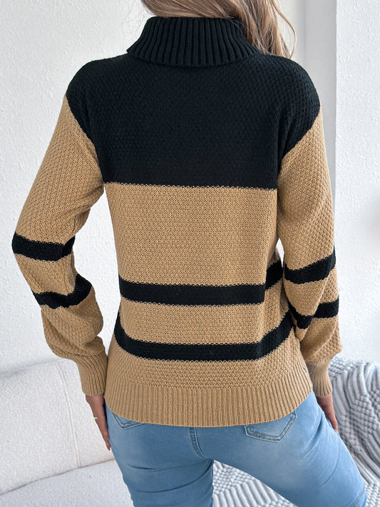 Women Contrast Stripes Turtleneck Sweater