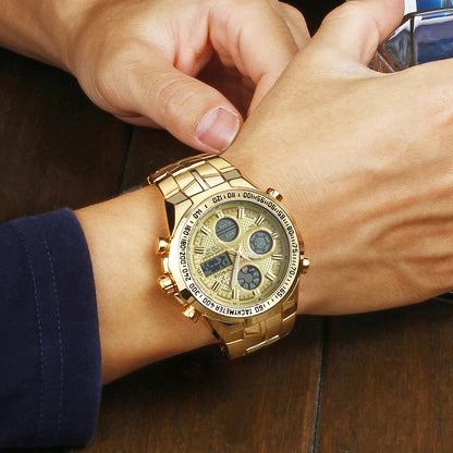 Mens Dual Rich Display Stainless Steel Golden Class Watches