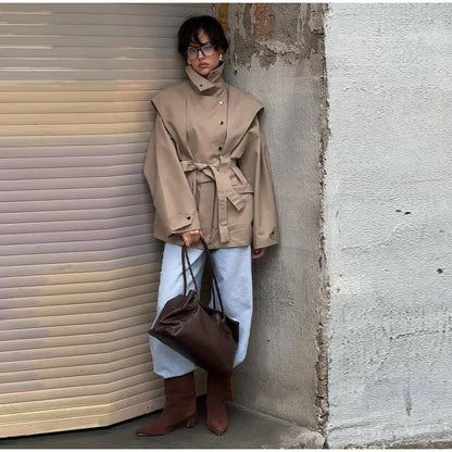 Cotton Khaki Long Turn Down Collar Belted Women Trench Coat