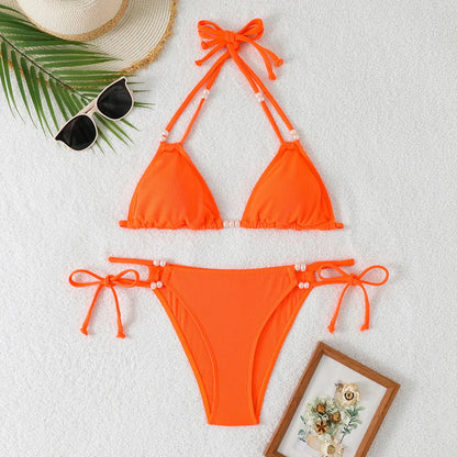 Bright Orange Ribbed Bikini with Pearl Bead Details Aesthetic