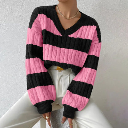 2025 Womens Stripe Knitted Sweater Long Sleeve V Neck Cropped Top Loose Fit Spring Versatile Warm Knit