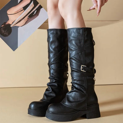 Women’s Knee-High High Heel Riding Boots 2025 – PU Leather Platform Princess Slim Boots