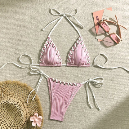 Minimalist Cream Lace-Up Plisse Bikini Aesthetic