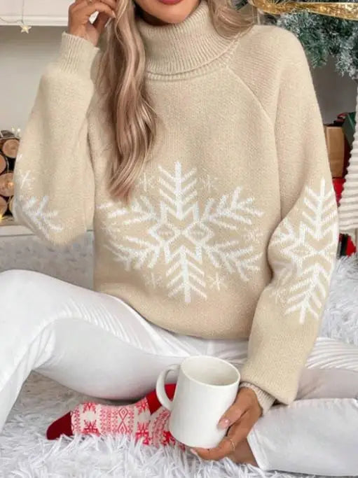 Womens Turtleneck Snowflake Knit Sweater Autumn Winter Style