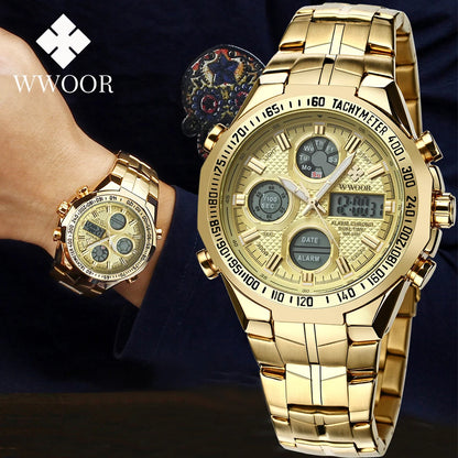 Mens Dual Rich Display Stainless Steel Golden Class Watches