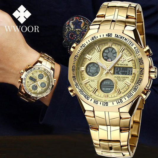 Mens Dual Rich Display Stainless Steel Golden Class Watches