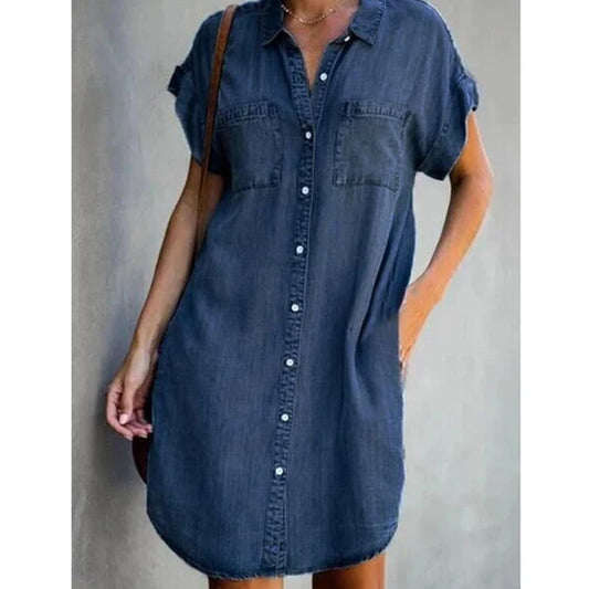 Women Summer Style Distressed Button Down Denim Shirt Dresses