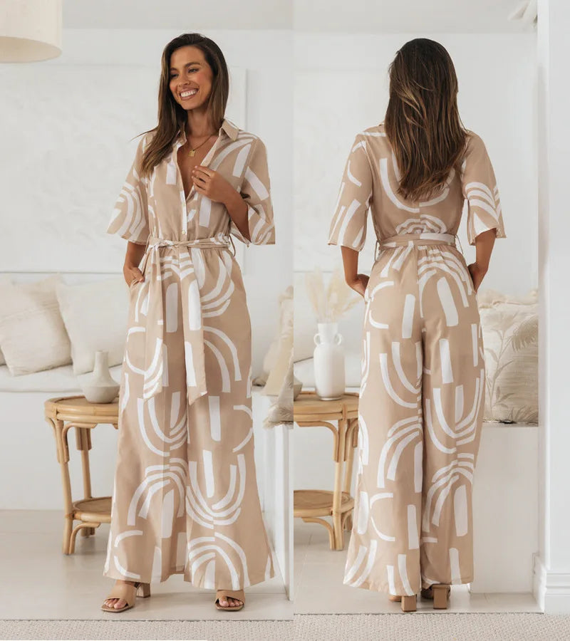 Printed Lace-Up High Waist Jumpsuit for Women – Elegant Summer Outfit