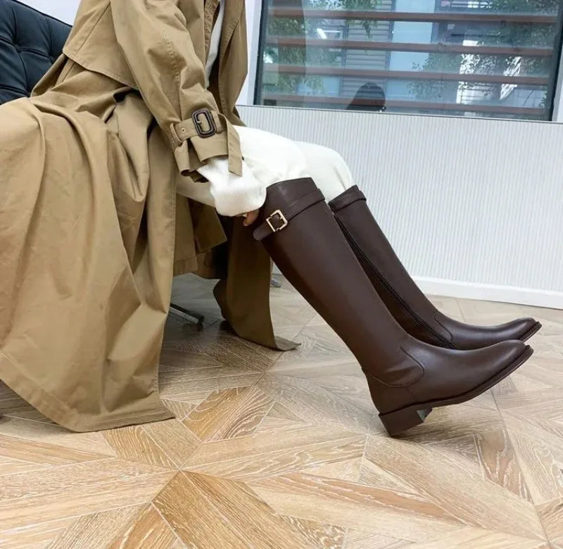 Winter Knee High Brown Boots Square Heel Zip Belt Buckle Gothic Style For Women