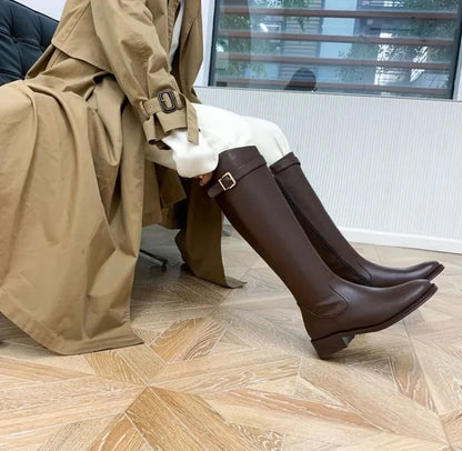 Winter Knee High Brown Boots Square Heel Zip Belt Buckle Gothic Style For Women