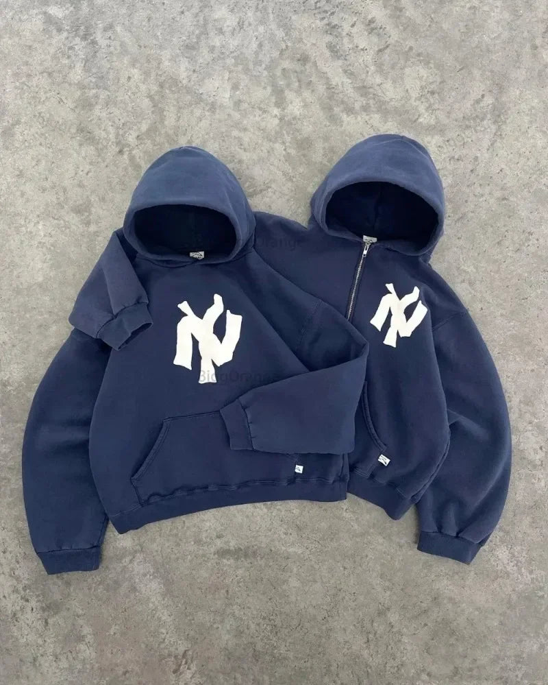 New Y2k Letter Print Zip Up Hoodie Streetwear Oversized Sweatshirt For Men Women