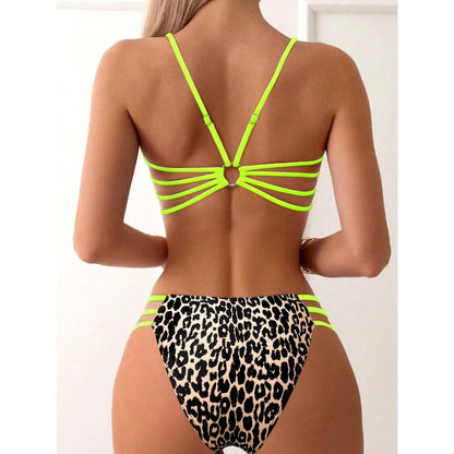 2025 Sexy Green Leopard Print Bikini Set Womens Knotted Push Up Swimsuit Beach Bathing Suit Swimwear