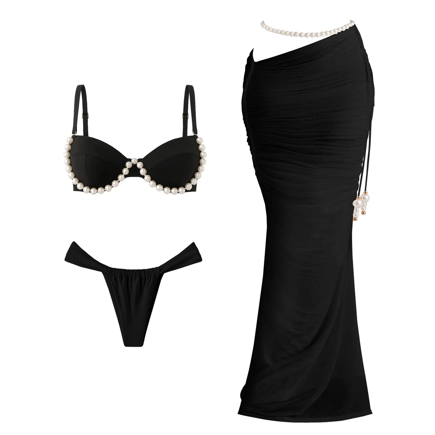 2025 Shell Bra Push Up Bikini Set For Women Sexy Pearl Strap Swimsuit Beach Skirt