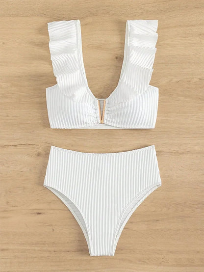 Elegant White Ruffle High Waist Bikini Aesthetic