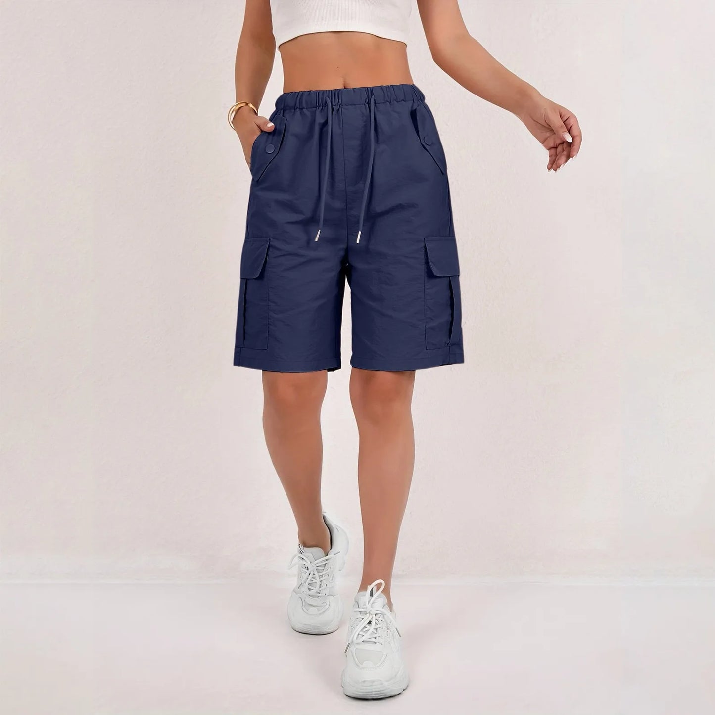 Elastic Waist Flap Pocket Cargo Shorts For Women