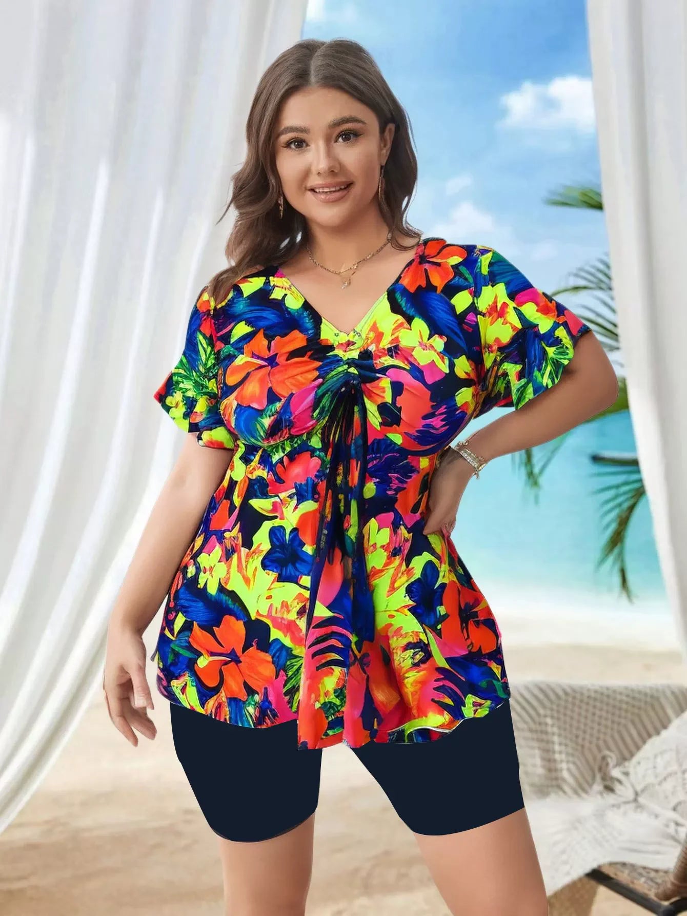 2025 Plus Size Printed Long Sleeve Swimwear For Women Deep V One Piece Swimsuit Beach Bodysuit