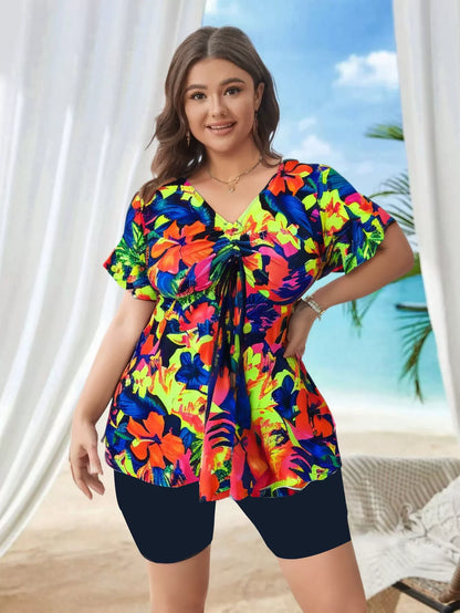 2025 Plus Size Printed Long Sleeve Swimwear For Women Deep V One Piece Swimsuit Beach Bodysuit