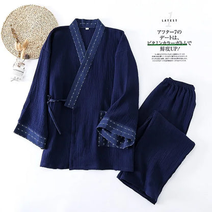 2025 Women S Kimono Pajama Set 100 Cotton Crepe Long Sleeve Top Trousers Soft Sleepwear Suit For Home